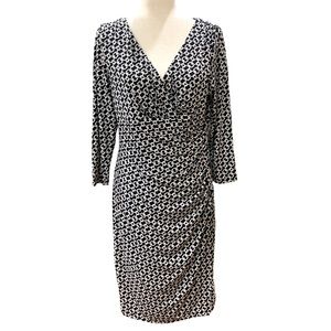 LAUREN RALPH LAUREN Black and White Knit Faux Wrap Ruched Dress Size 12